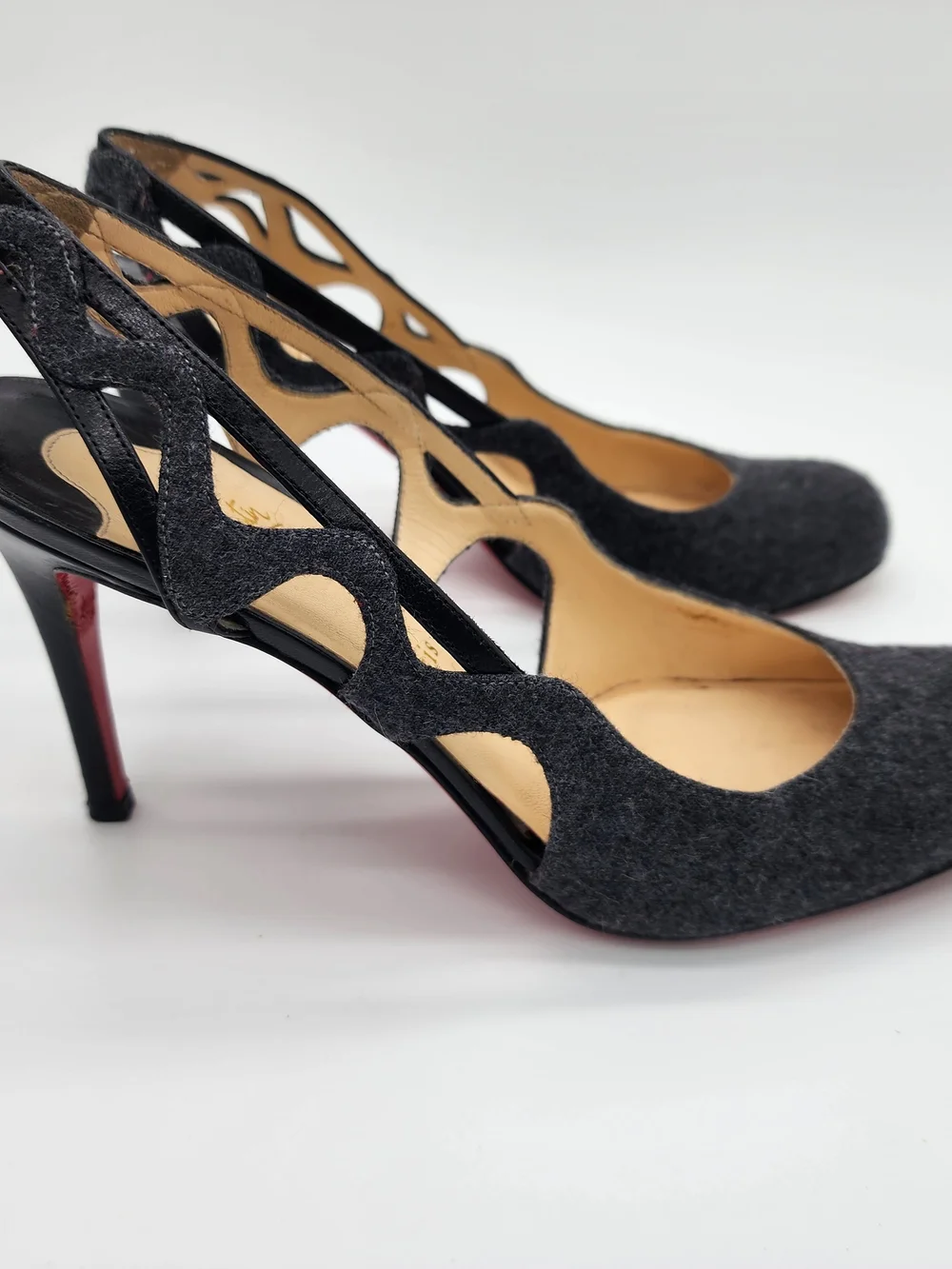 Vintage Christian Louboutin Dark Grey Flannel Cutout Slingback Heels Size EU 40